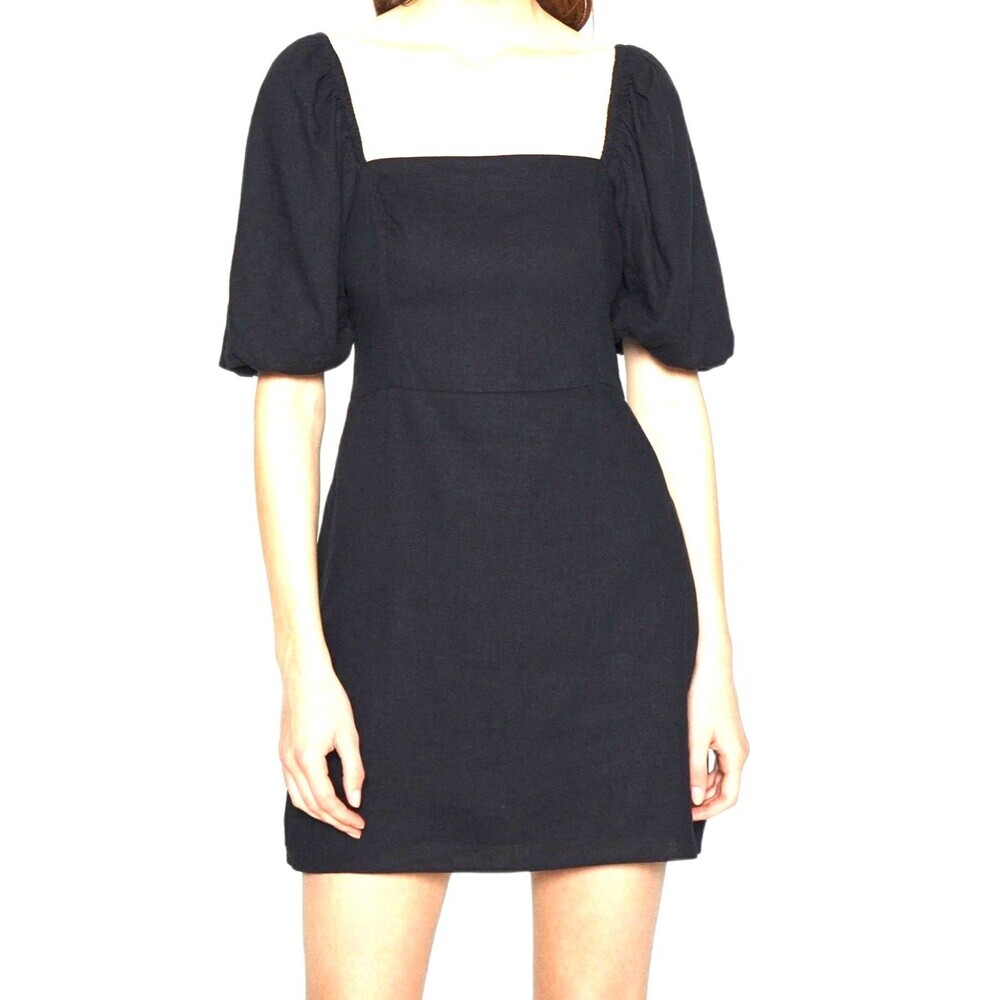 Abercrombie & Fitch Puff Sleeve Linen Mini Dress Square Neck Black M